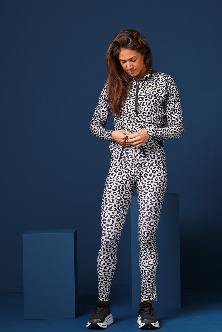 Half-zip with long sleeve and running leggings in Grey Leo