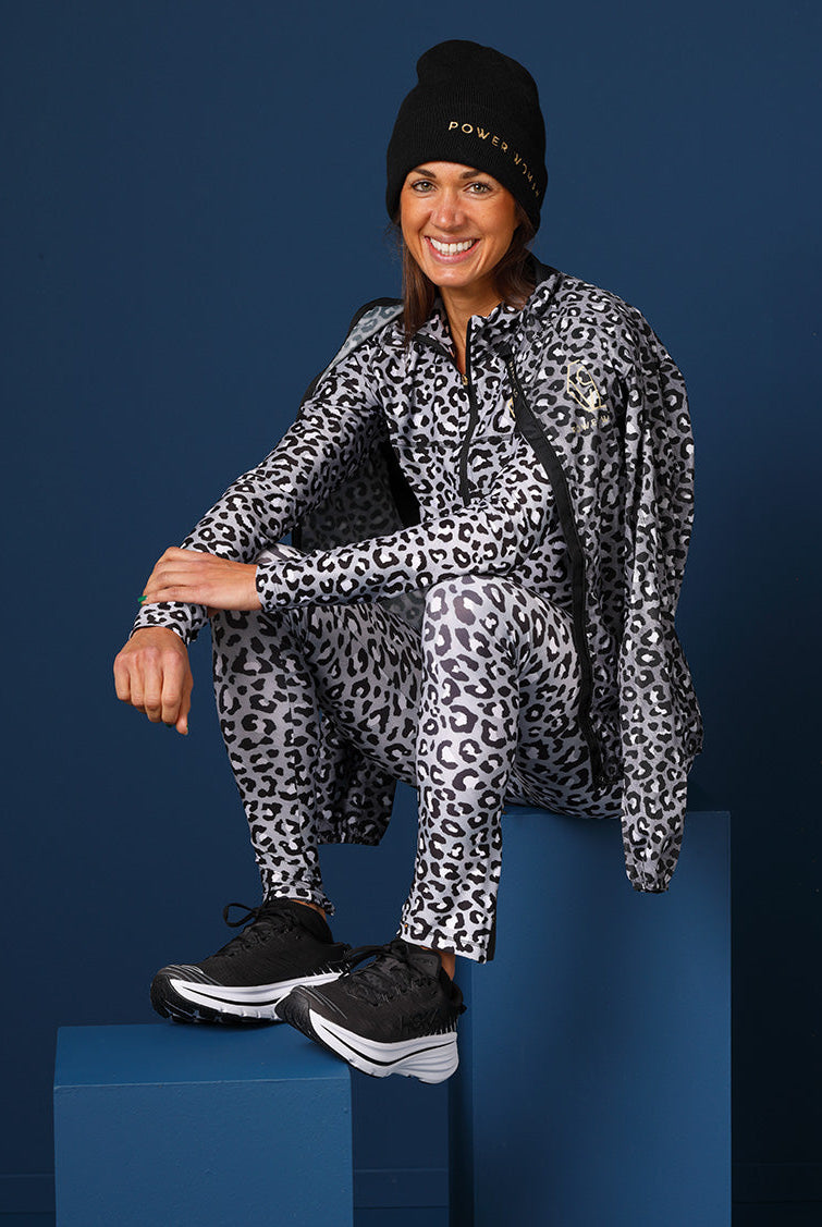 Half zip, run legging, and all weather jacket for running in Grey Leo from Power Woman