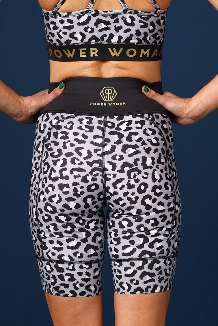 Back of running shorts in Grey Leo and Sports top