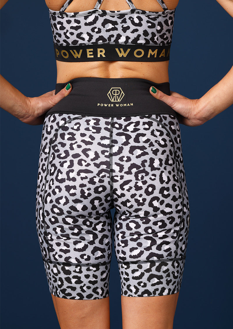 Back of running shorts in Grey Leo and Sports top