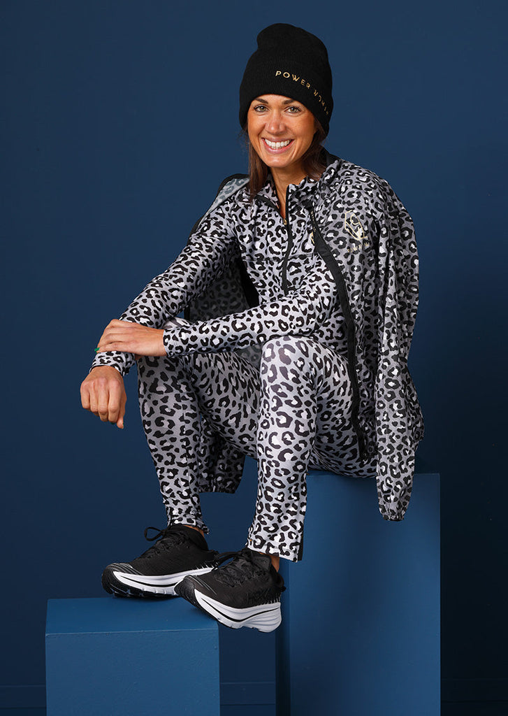 Half zip, run legging, and all weather jacket for running in Grey Leo from Power Woman