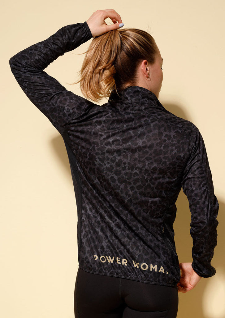 the back of the Power Woman Black Leo All Weather Jacket
